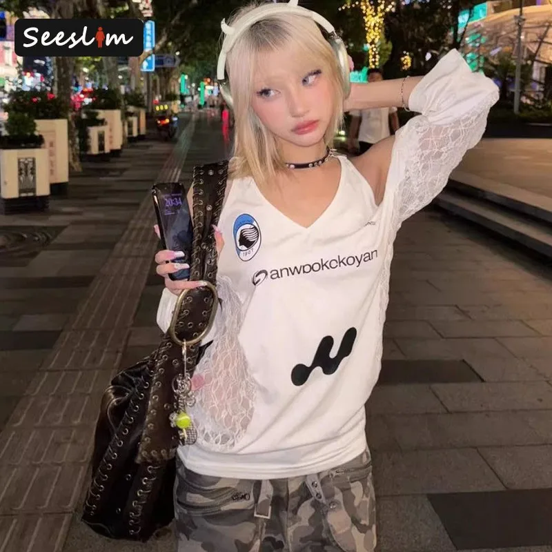 Seeslim Hotsweet Off Shoulder T Shirt Women Clothes Patchwork Lace Graphic Tees Japan Style Long Sleeve 2000s Clothes Y2k Autumn