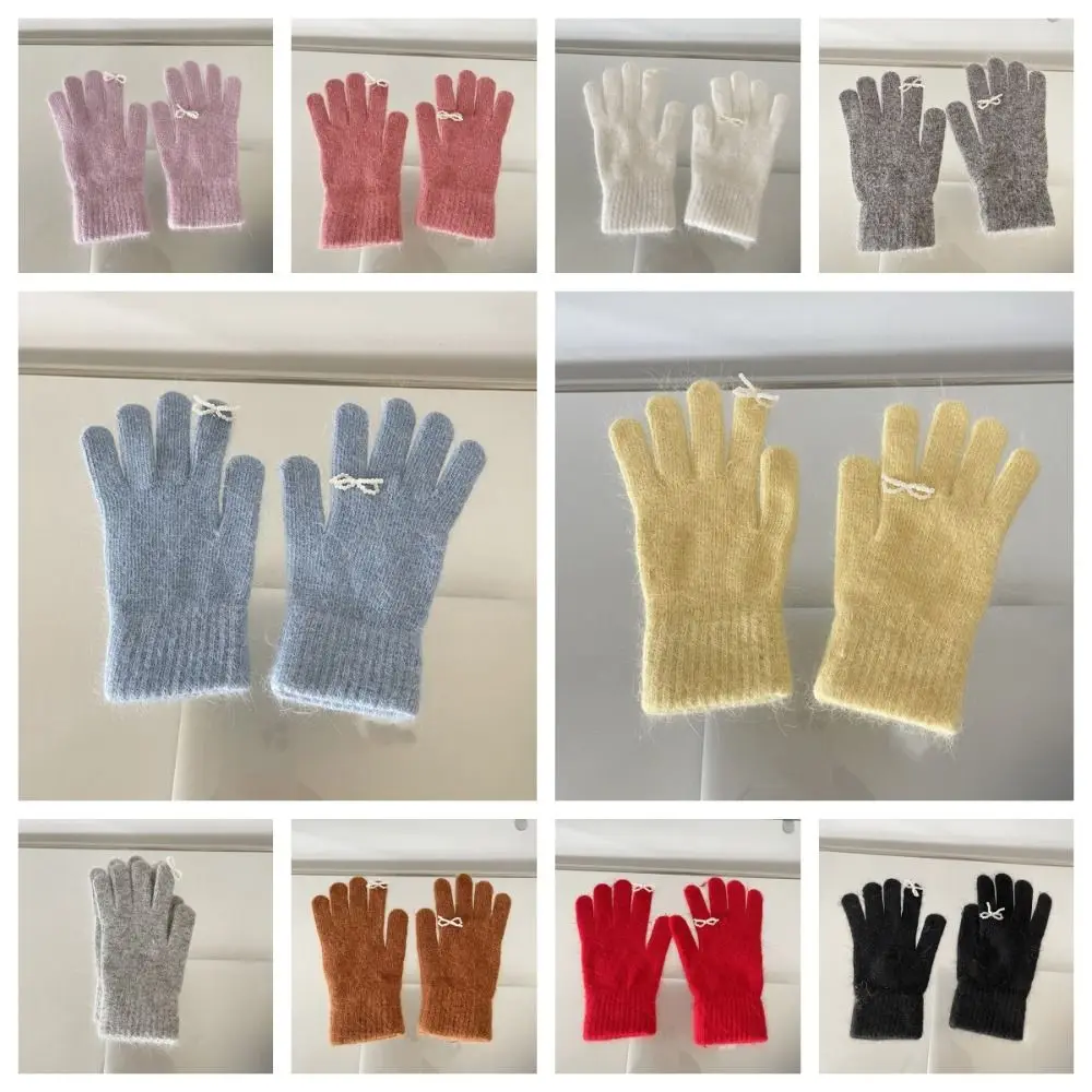 Guantes de punto con lazo de perlas para mujer, mitones de lana cálida, Color caramelo, Color sólido, pantalla táctil, Kawaii, Invierno