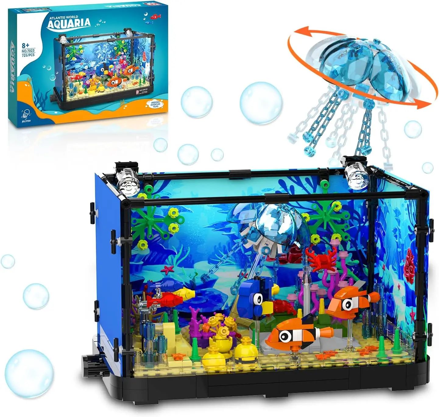 

Fish Tank Building Sets,Includes Rotatable Jellyfish,Crab,Clownfish, Parrotfish, Marine Plants.Creative Gifts for Kids or Adults