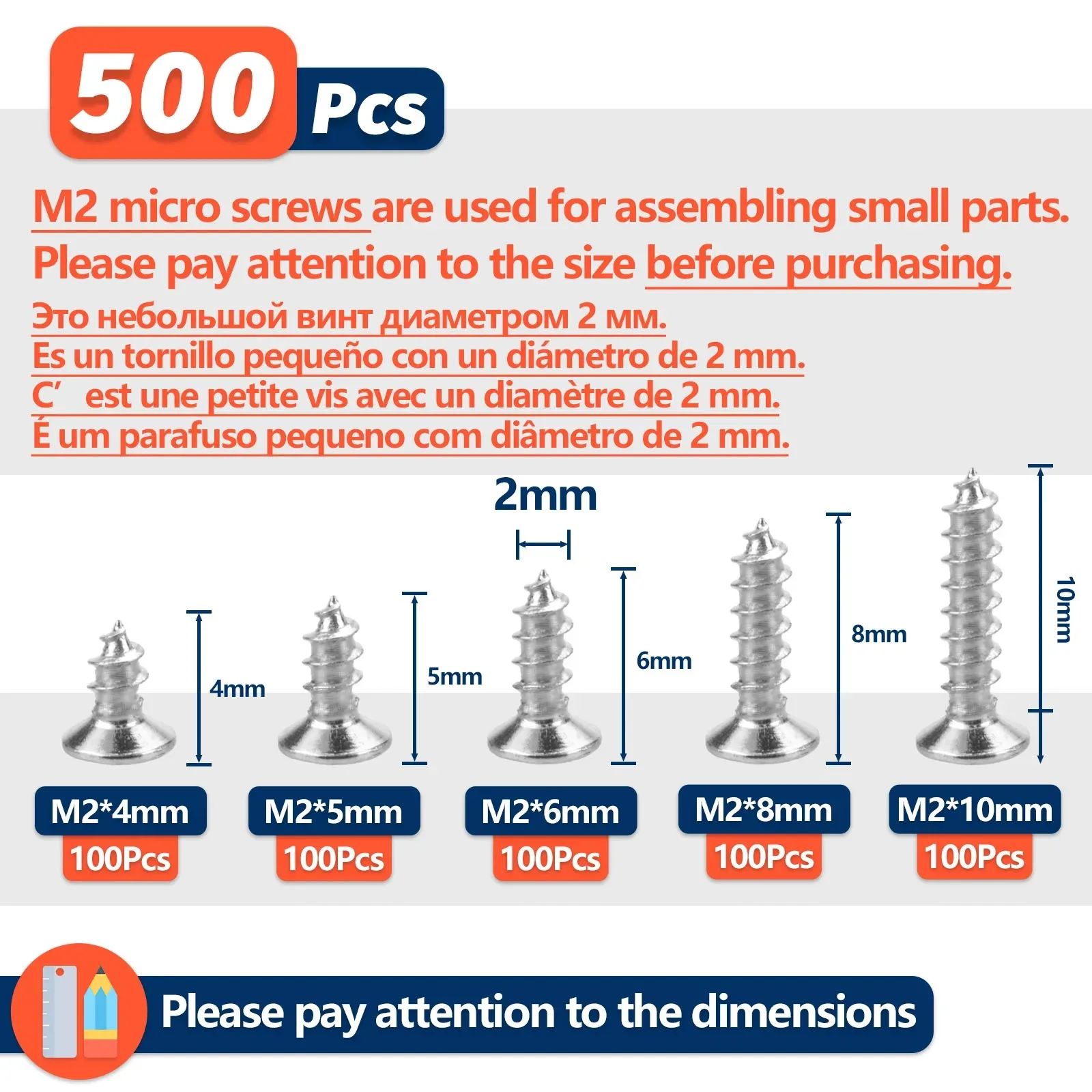 500pcs Mini M2 Self Tapping Screws Phillips Flat Head Alloy Steel Assortment Kit 5 Sizes Cross Drive Wood Screws DIY Set