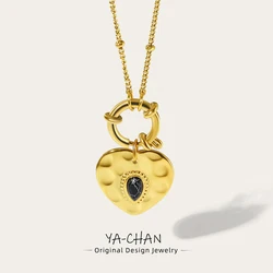 YACHAN Stainless Steel Golden Heart Pendant Necklace Fashion Black Natural Stone Metal Texture Trendy Jewelry for Woman