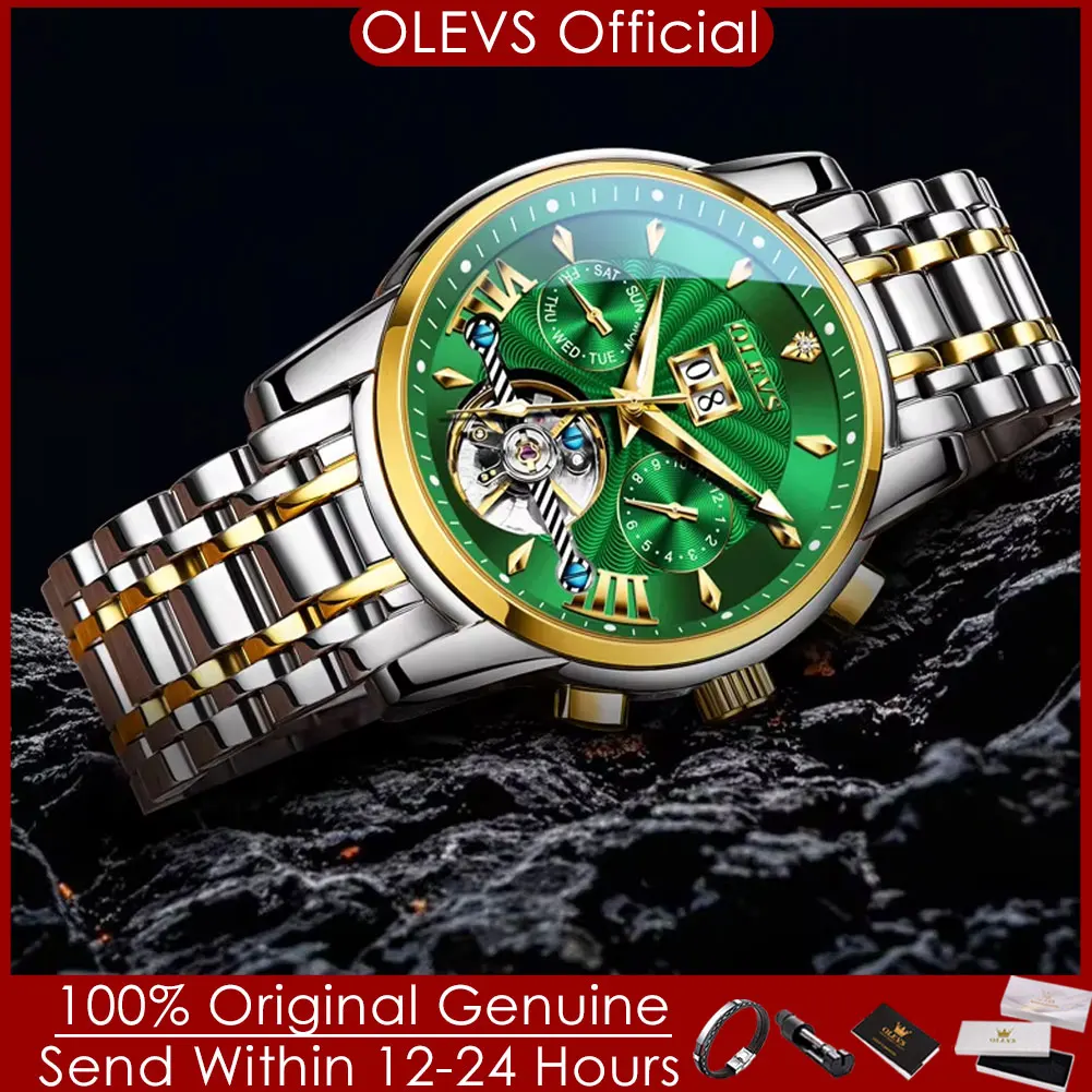 OLEVS Luxury Automatic Watch for Man Original Skeleton Flywheel Mechanical Men Watch Calendar Waterproof Glow Business Man Watch