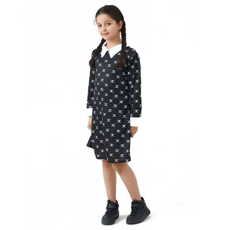 Wednesday Adams Dress Girl Addams Family Cosplay Costumes School Uniform Scary Fake Hand Wig for Kids Game Party Girls Clothes