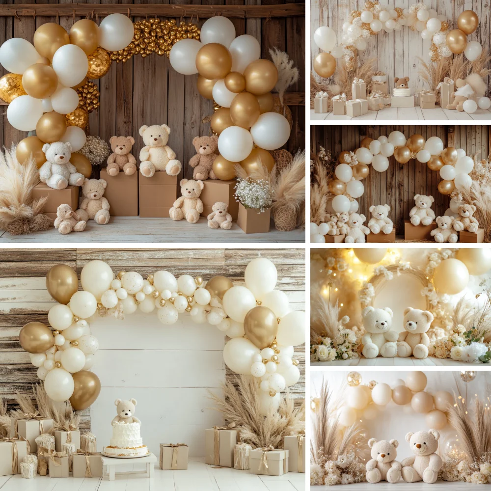 

Boho Bear Photography Background Wooden Door Balloons Arch Newborn Kids Birthday Party Cake Smash Decor Photo Backdrop