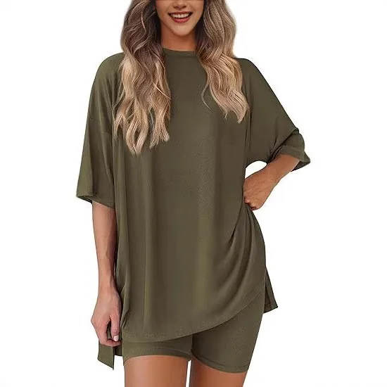 Casual Shorts Set with Split Sleeve Spring Summer Loungewear Regular Sleeve Japanese Korean Casual Summer Wear at Home for Women 2