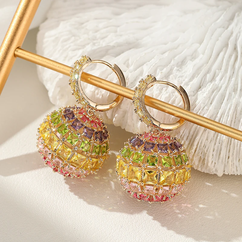 SENYU Luxury Gold Plated Hoop Earrings with Multicolor Cubic Zirconia Spherical Pendant Vibrant High Quality Jewelry for Party