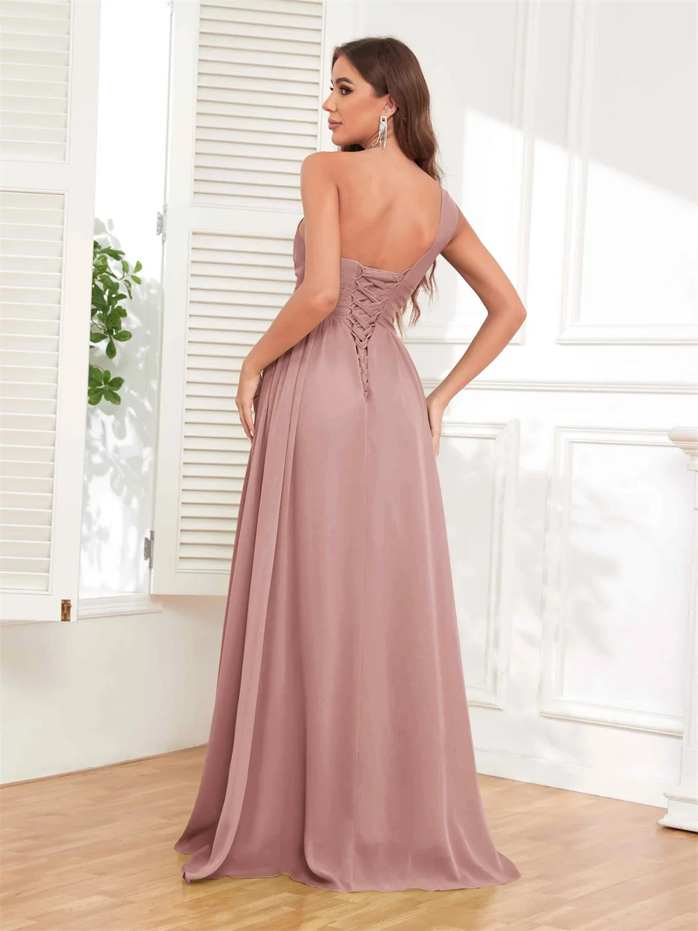 Vestidos de dama de honor plisados con un hombro, elegantes vestidos de noche formales sin mangas con abertura lateral y espalda descubierta, vestidos largos de baile de una línea