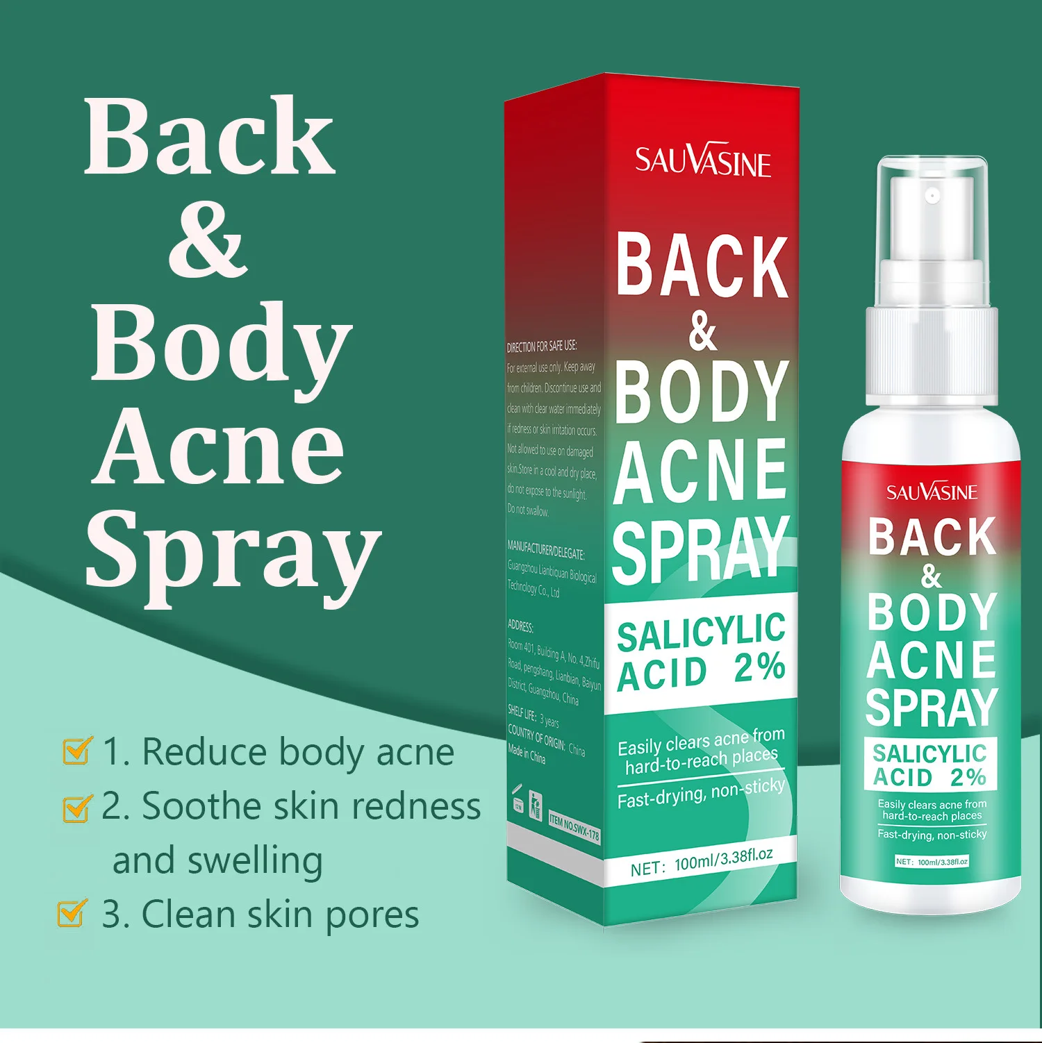 

Back & Body Acne Spray Skin Care Reduce Body Acne Clear Skin Pores Smooth & Moisturizing, 100ml