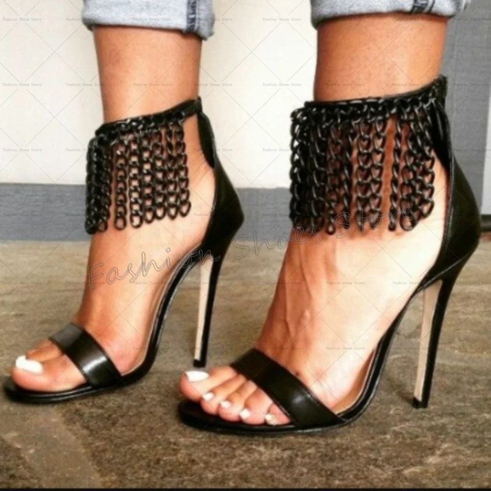 Red Chain Tassel Decor Back Zipper Sandals Open Toe Thin High Heels High Heel Shoes for Women Heels 2025 New Zapatos Para Mujere