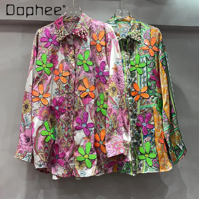 2025 Spring New Printed Shirt Long Sleeve Heavy Industry Nail Drill Beads Flower Sequins Loose Tops Fashion Women's Clothing