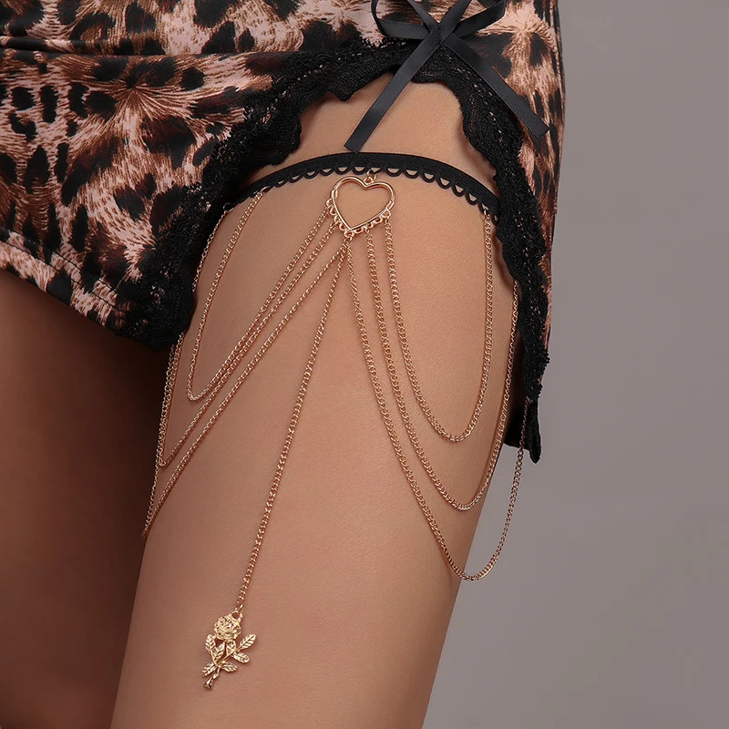 Aihua Bohemian Elestic Band Gold Color Leg Chain for Women Sexy Long Tassel Rose Pendants Leg Thigh Harness Beach Body Jewelry