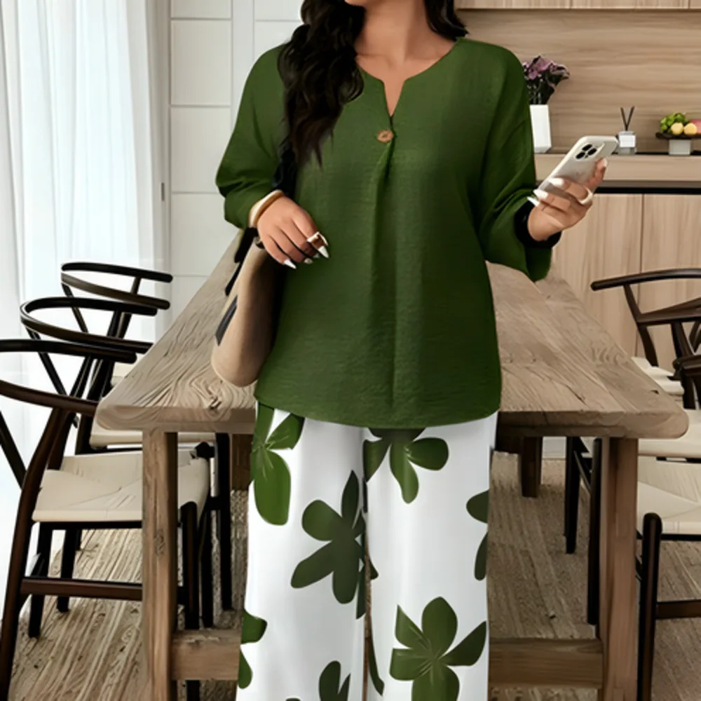 Plus-size Women's Military Green V-neck Single-button, Three-quarter Sleeve Top With White Background And Green Leaf Print,