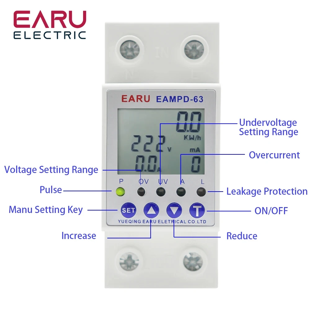 63A 230V Display Adjustable Current Earth Leakage Protection Over Under Voltage Protector Relay Device Energy Power kWh Meter