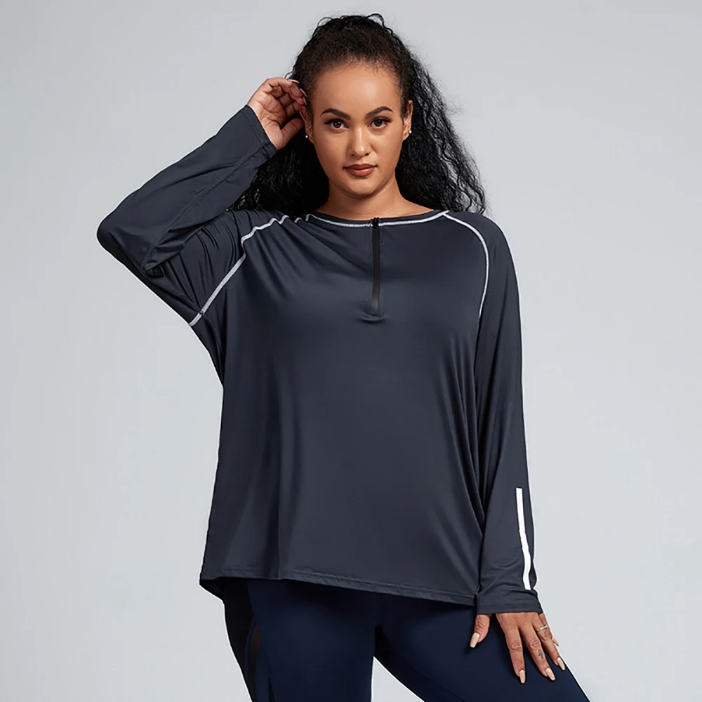 Long Sleeve T-Shirts Women Stretch Sweatshirt Ladies Half-Zipper Spring Workout Tops 4Xl Yoga Wear Solid Color Sports Top