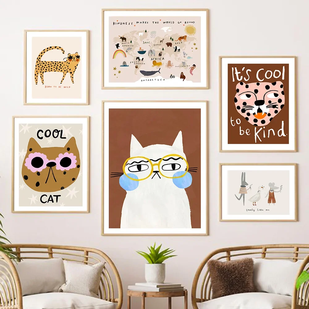 Scandinavo semplice cartone animato Wall Art astratto simpatico gatto coniglio HD tela Poster stampa casa camera da letto soggiorno decorazione