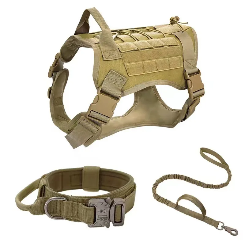 Tactical dog vest with non-tension metal buckle with retractable lead rope and collar for medium and large dog hiking training