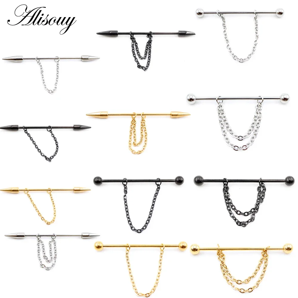 Alisouy 1PC 1.6*38mm Long Stainless Steel Industrial Piercing Ear Cartilage Plug Tunnel Jewelry Earring Straight Barbell Jewelry