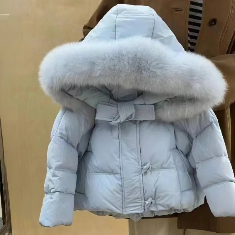ZOETOPKID Girls' Short Down Cotton Jacket with Big Fur Collar Warm Winter Thick Coat Casual Style Children's Warmth Coat