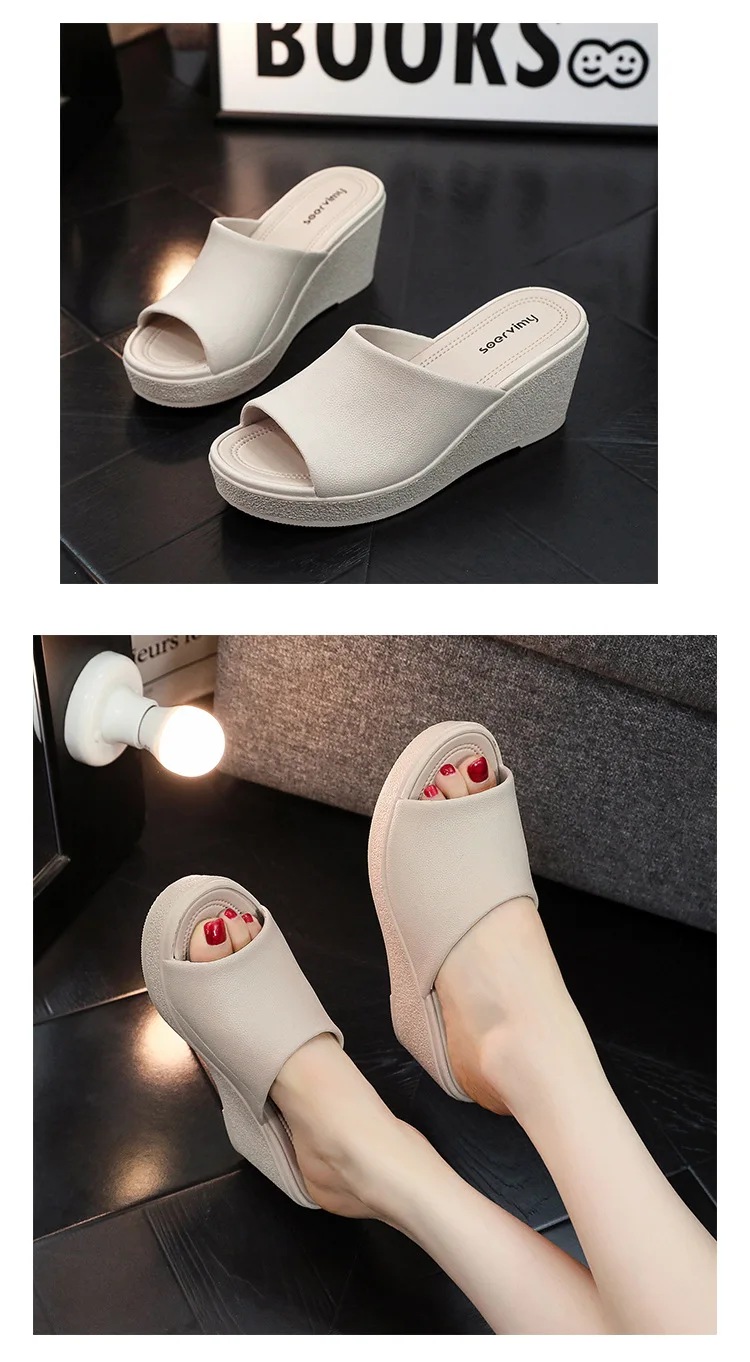 Neue Damen-Sandalen, Damen-Pantoffeln, Schwarze Keilabsatz-Plattform, Offene Zehenpartie, Orthopädische Dicksohlen-Strand-High-Heels-Slides – Detail 8
