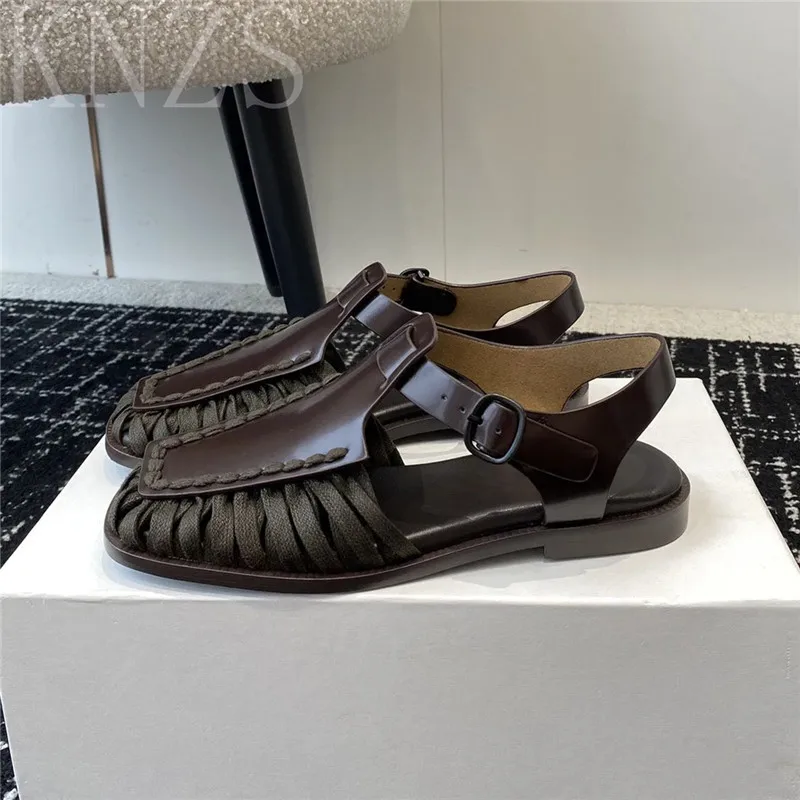 

Summer New Square Toe Genuine Leather Flat Woman Sandals Buckle Strap Retro Weave Casual Concise Low Heel Beach Women Shoes 2024