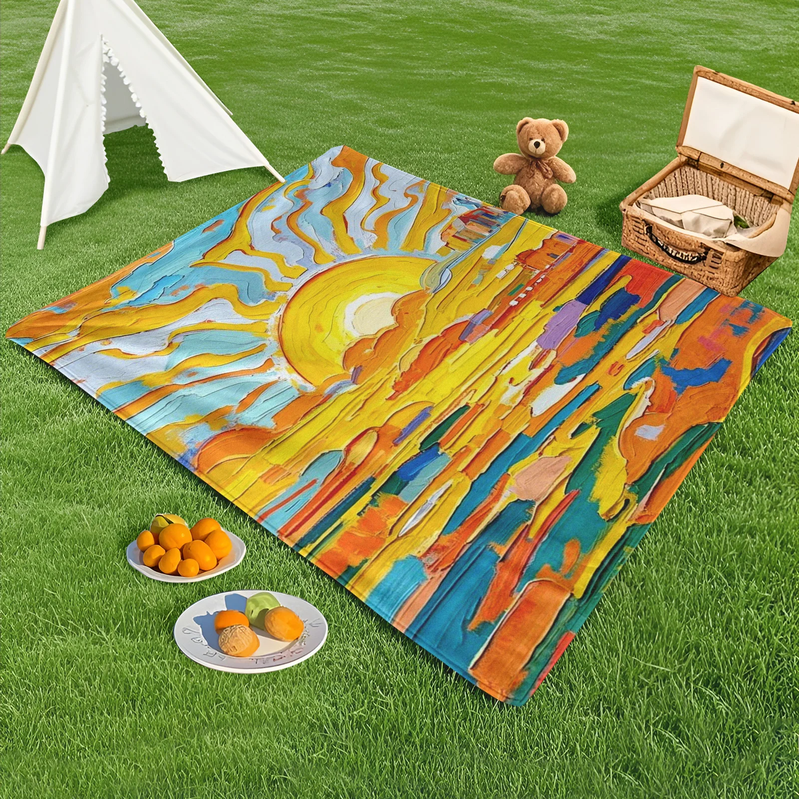 

Radiant Sun With Yellow And Green Abstract Outdoor Blanket For Beach Days Park Outings And Sunny Outdoor Adventures