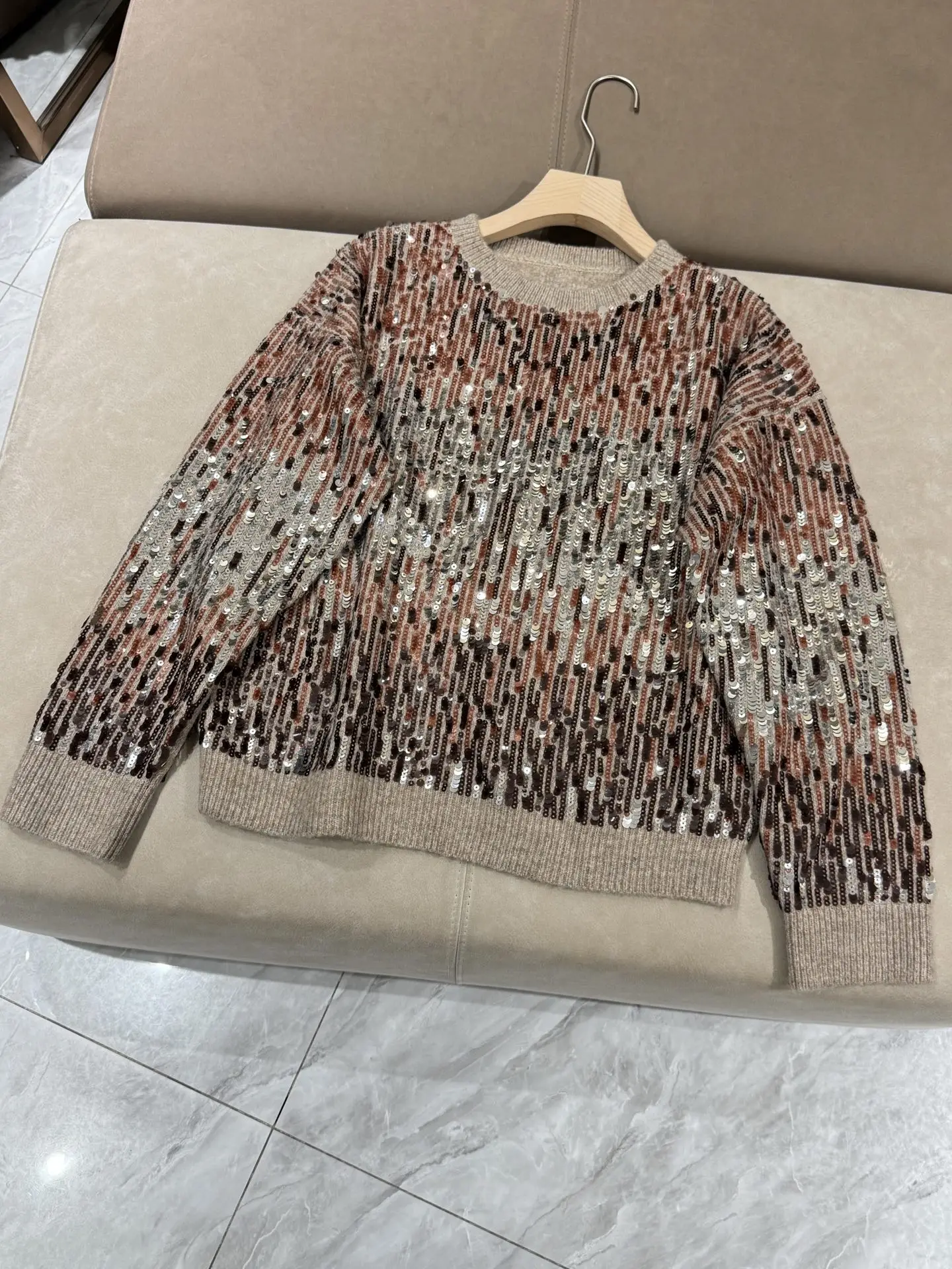 

Новый женский шерстяной свитер с круглым вырезом и блестками, модный топ