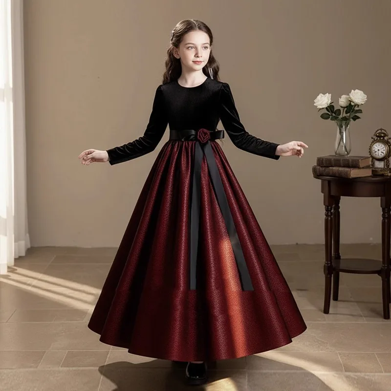 Children's Winter and Autumn Formal Wear High-end Black Long-sleeved Suede Girl's Princess Dress Piano Performance Dress