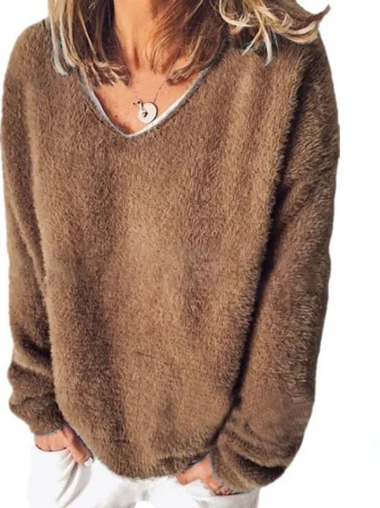 

Loose Long Sleeve V-Neck Women's T-Shirt Cross-Border Autumn Winter Fleece Comfortable Cotton Polyester Blend City Walk Suitable