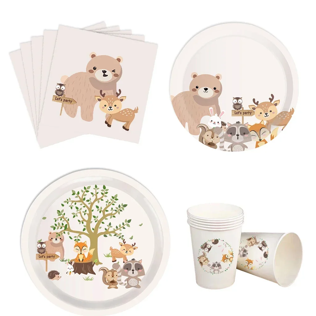 8Guests Woodland Animal Disposable Tableware Wild Forest Bear Fox Plate Napkin Safari Happy Birthday Party Decor Kid Boy Girl