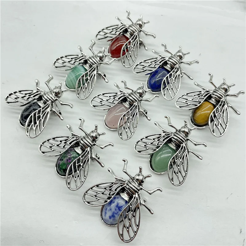 Natural Gem Stone Quartz Crystal Animal Spider Insect Archaize Silver Pendant Brooch Dual-use Jewelry Making Accessories 6pcs