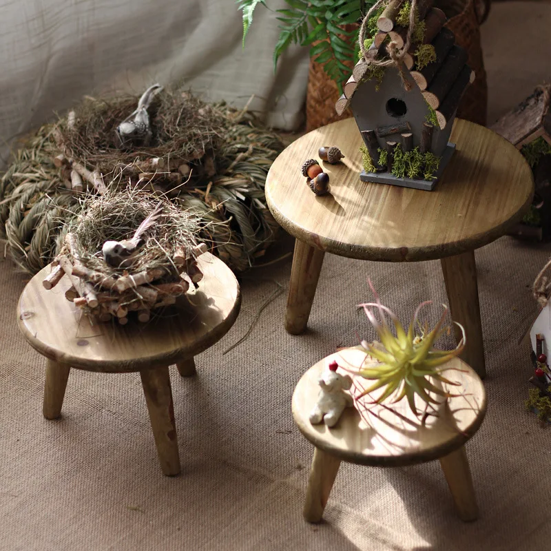 Wooden Mini Stool for Home Garden Decor Rustic Photography Prop Vintage Hipster Decoration Creative Side Tables for Balcony