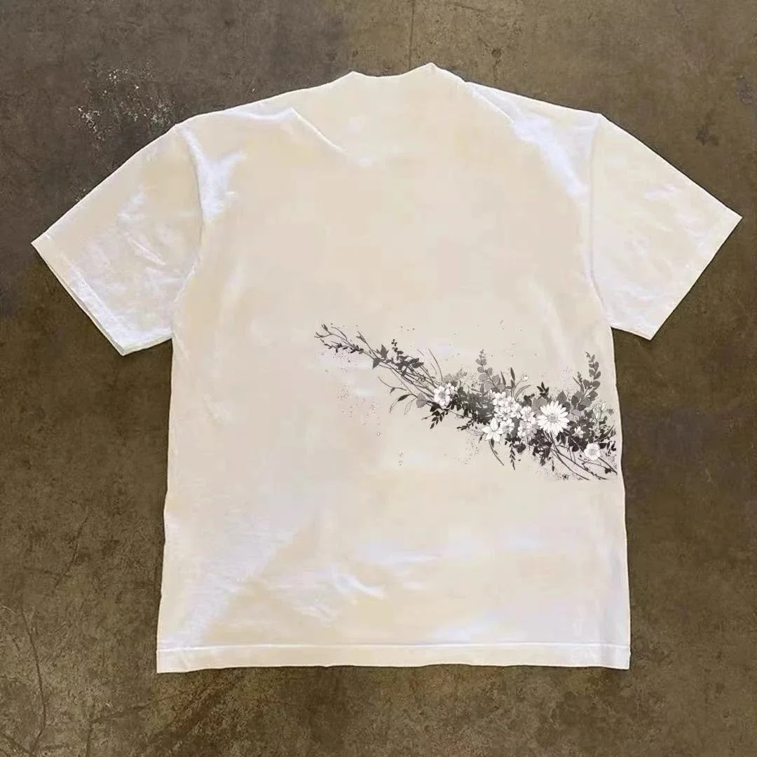 Loose Fit Cotton T-Shirt Unisex Short Sleeve Retro Style Printed Casual Wear Double Thread Pure Cotton Men Women Top