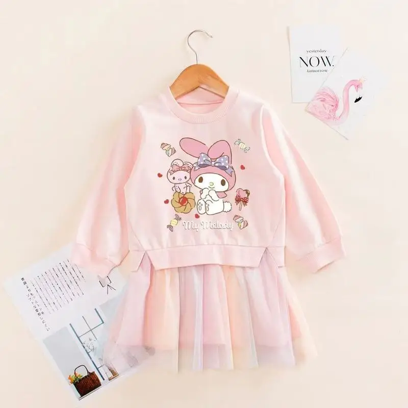 

Hot Y2k Dress Spring Autumn Kawaii My Melody Ins Girl Gauze Dress Cute Kuromi Long Sleeve Hooded Skirt Kids Gifts