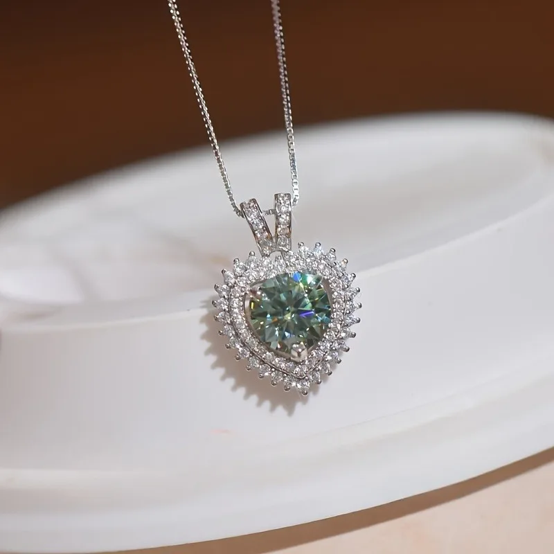 

925 Sterling Silver Blue Green Round Cut Moissanite Heart Shape Pendant Necklace, Ideal Gift for Thanksgiving Mother's Day
