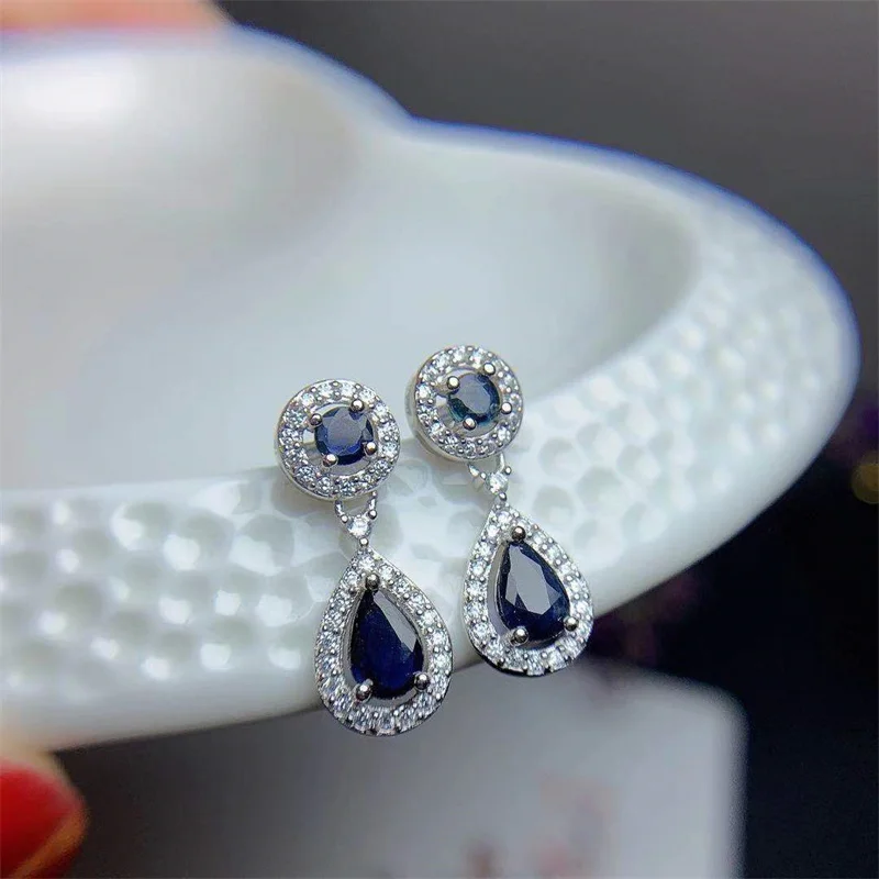 Natural Original Sapphire Drop Earrings 925 Silver Real Gemstone Earrings for Women with Certificate