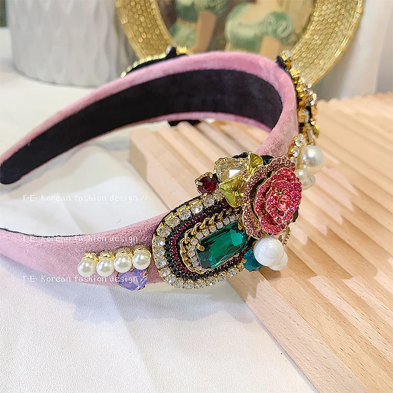 Baroque Romantic Pink Diamond Flower Sparkling Headband Crown Head Wrap Fashion Show Clothing Head Band Bridals Headwear Jewelry