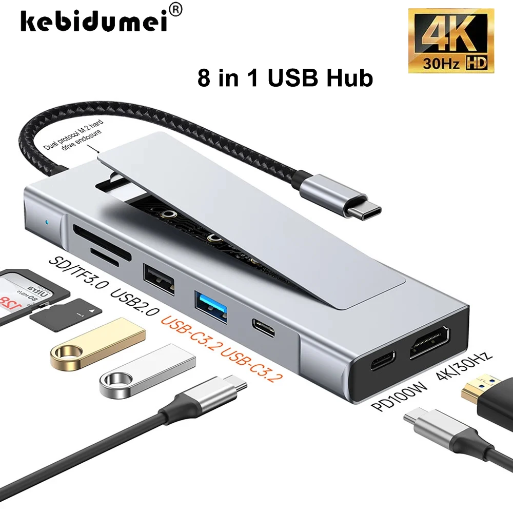 

8-в-1 USB-концентратор M.2 NVMe SATA SSD Корпус для хранения USB3.2 Type-c к HDMI-совместимой док-станции для ноутбука USB-адаптер для ноутбука