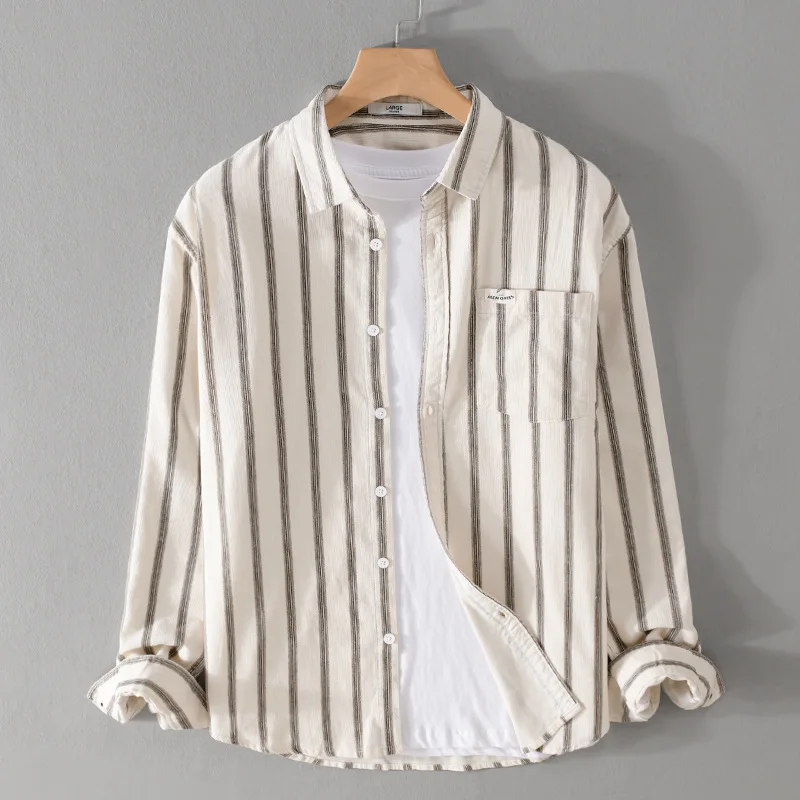 Men's Long Sleeve Cotton Flannel Shirt Vertical Stripes Casual Style Autumn Fashion Outerwear Jacket Trendy Streetwear