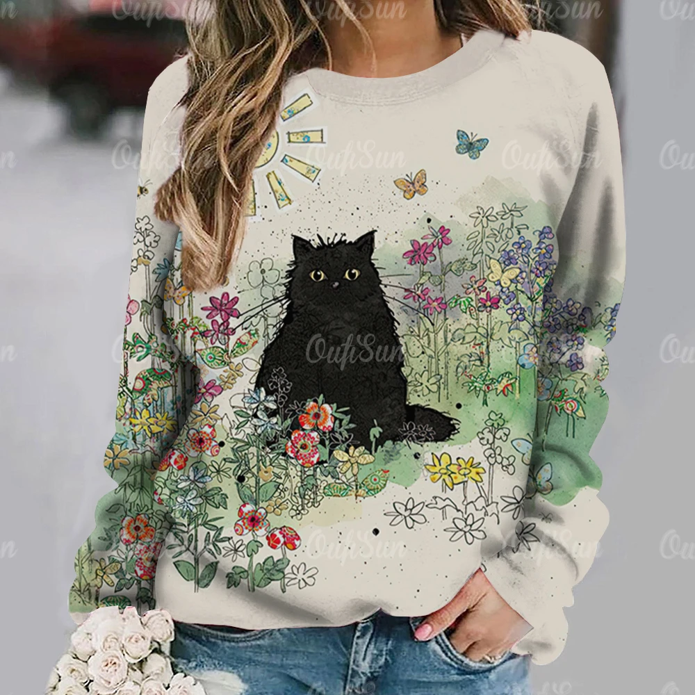 Anime Cat Pattern T Shirt For Women Autumn Round Neck Pullover Casual Long Sleeve Tops Female Oversized Daily Ladies Clothing