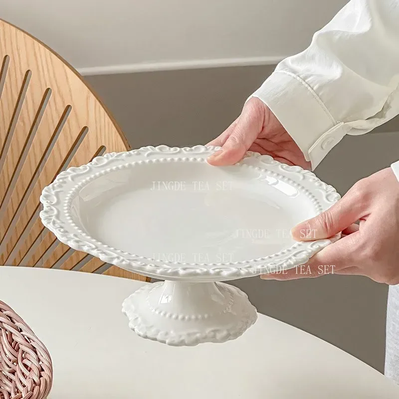 White Ceramic Pedestal Cake Stand Embossed Lace Beaded Rim Dessert Serving Plate For Cupcake Fruit Afternoon Tea Wedding Party