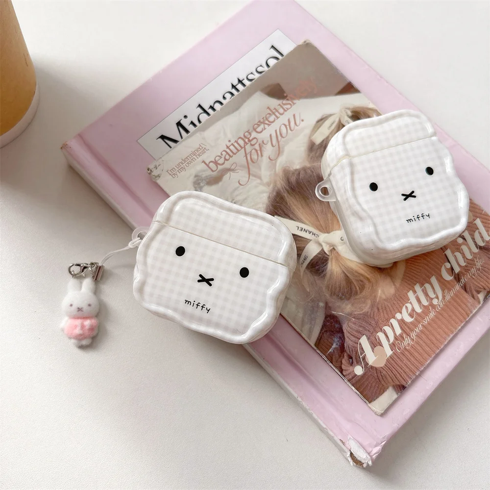 Korean Plaid Miffy Rabbit Silicone Earphone Case Cove for Apple Airpods 4 3 2 Pro 2 Pro 3 Funda With Charm Pro3 Headphone Cases