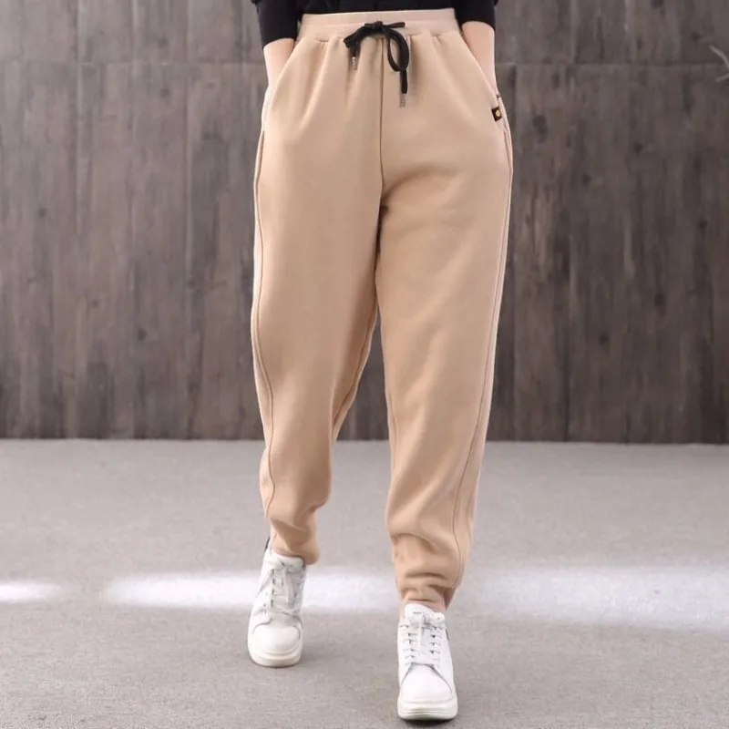 Women Autumn Winter Korean Loose Fleece Thickening Solid Color High Waist Straight Women Clothes Casual All-match Sweatpants