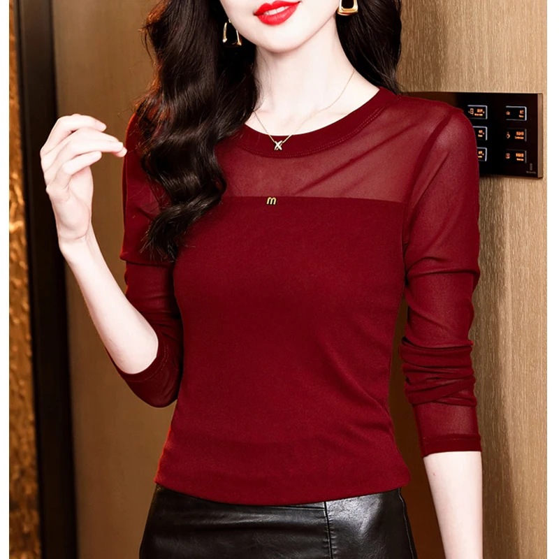 

Новая корейская модная простая футболка с круглым вырезом весна-осень облегающие Женские однотонные повседневные сетчатые Топы