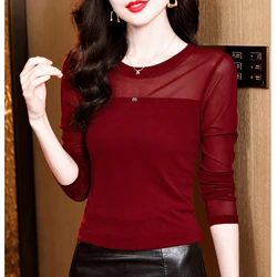 New Korean Fashion Round neck Simple Bottoming T shirt Spring Autumn Slim fit Women Teees Solid color Casual Mesh Tops