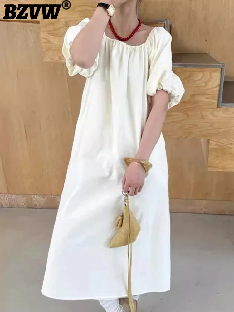 

BZVW Elegant Dress For Women Square Collar Puff Sleeves Solid Color Minimalism Dresses 2024 Female Summer New Clothing 25A719