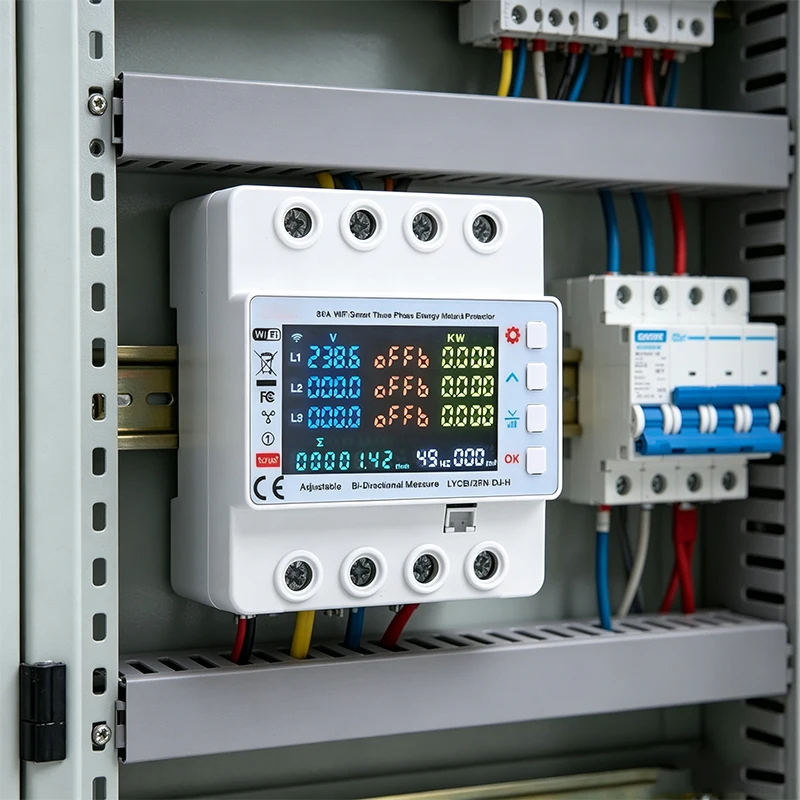 80A LCD Display Timer Breaker Smart Three-Phase Energy Meter Protector Multifunctional 3-Relay Photovoltaic Meter Protector