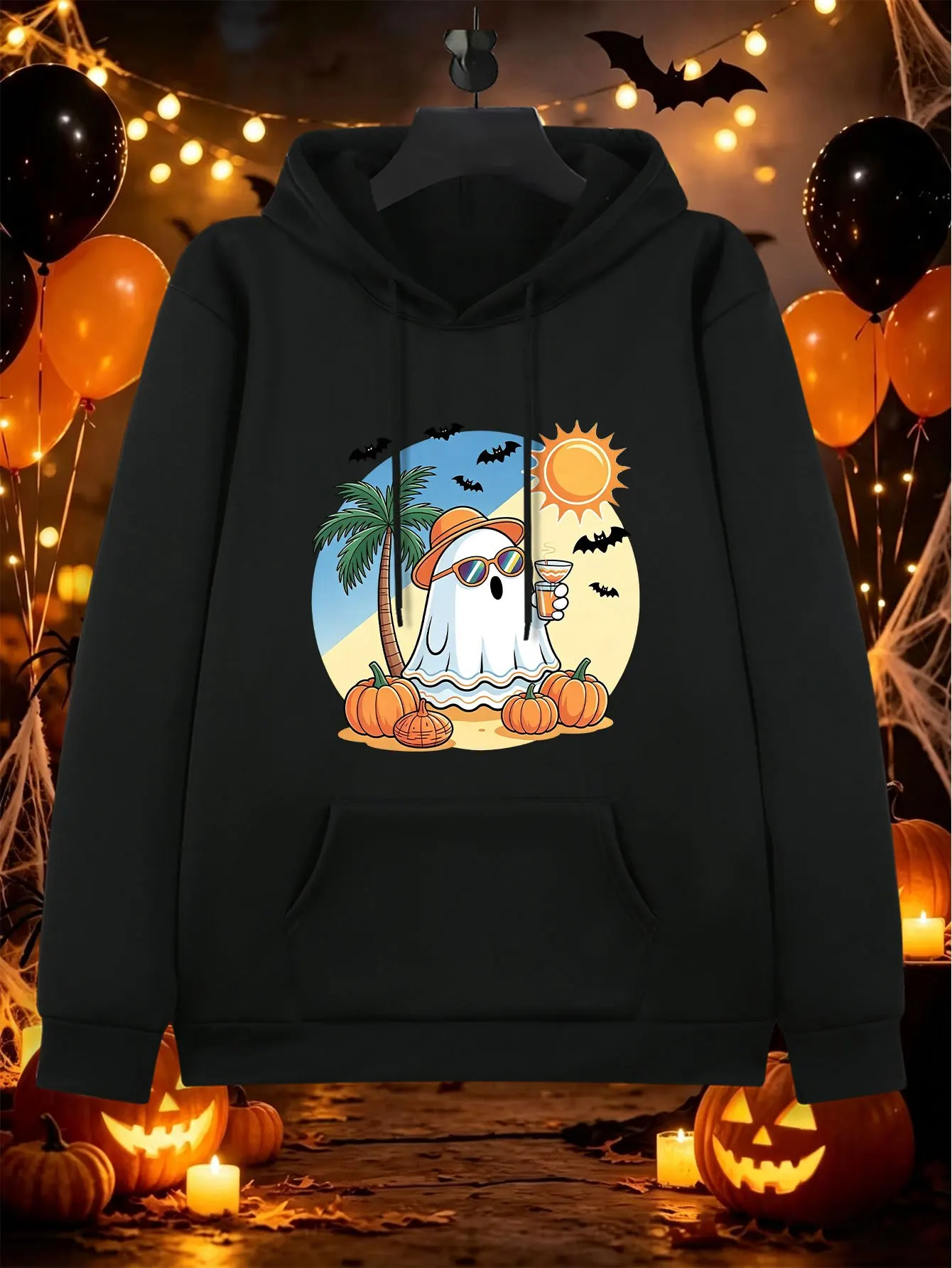 Unisex Halloween Summer Ghost Pumpkin Bat Palm Tree Sun Print Hoodie, Street Casual For Office Commute Fitness Daily Wear S-3XL