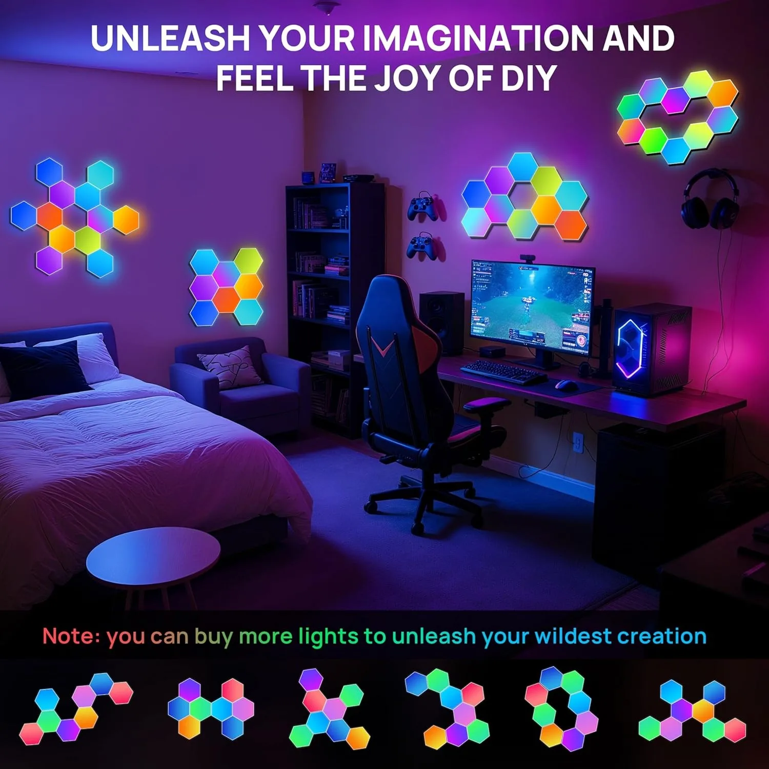 8 Pack Hexagon Lights LED Wall Panels RGB Gaming Lights with APP & Remote Control Music Sync Light for Bedroom Living Room Wall