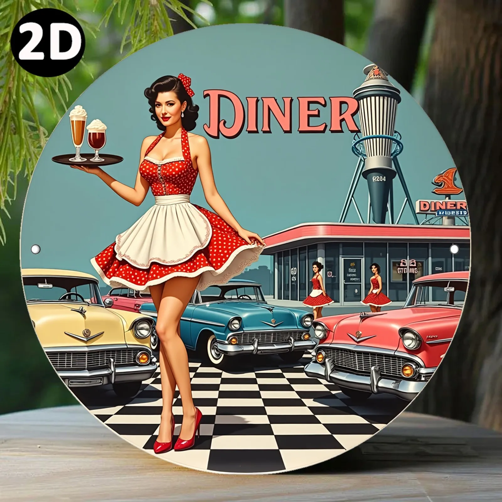 2D Flat, Vintage 1950s Diner Metal Wall Art Sign - Retro 50s Waitress & Classic (for Bel Air) with Milkshake Counter Scene - Alu