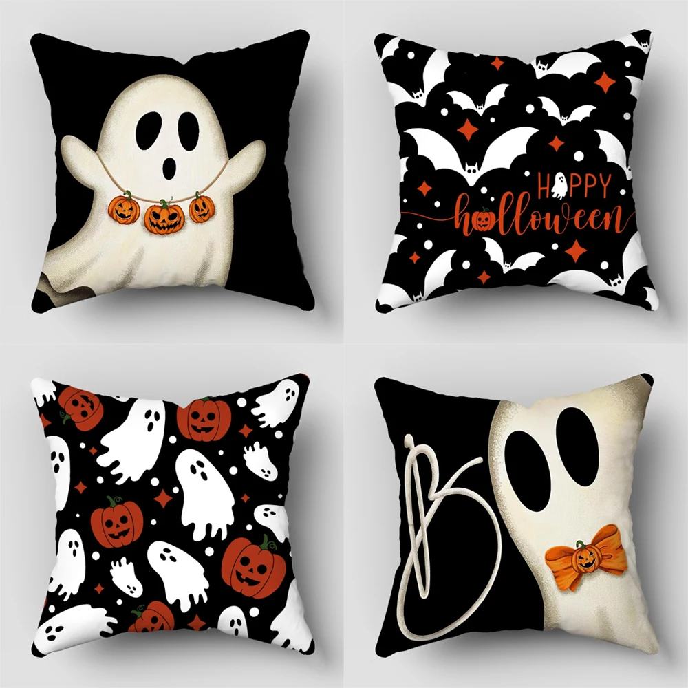 4-Pack Halloween Throw Pillow Covers 45X45cm Ghost Pumpkin Bat Pattern Ideal for Sofa, Bed, Car, Living Room Home Decor